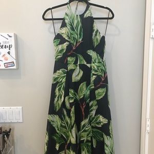 Palm Print on Navy Linen Midi Dress